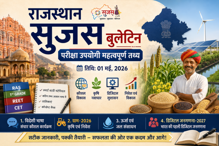 राजस्थान सुजस ई-बुलेटिन (Rajasthan Sujas E-Bulletin) 01 मई 2026 परीक्षा उपयोगी महत्वपूर्ण तथ्य फीचर्ड इमेज, जिसमें RAS, REET, CET परीक्षा तैयारी, कृषि निवेश, ग्राम-2026, डिजिटल जनगणना 2027, ऊर्जा एवं जल संसाधन, राजस्थान किसान और हवामहल दर्शाए गए हैं।
